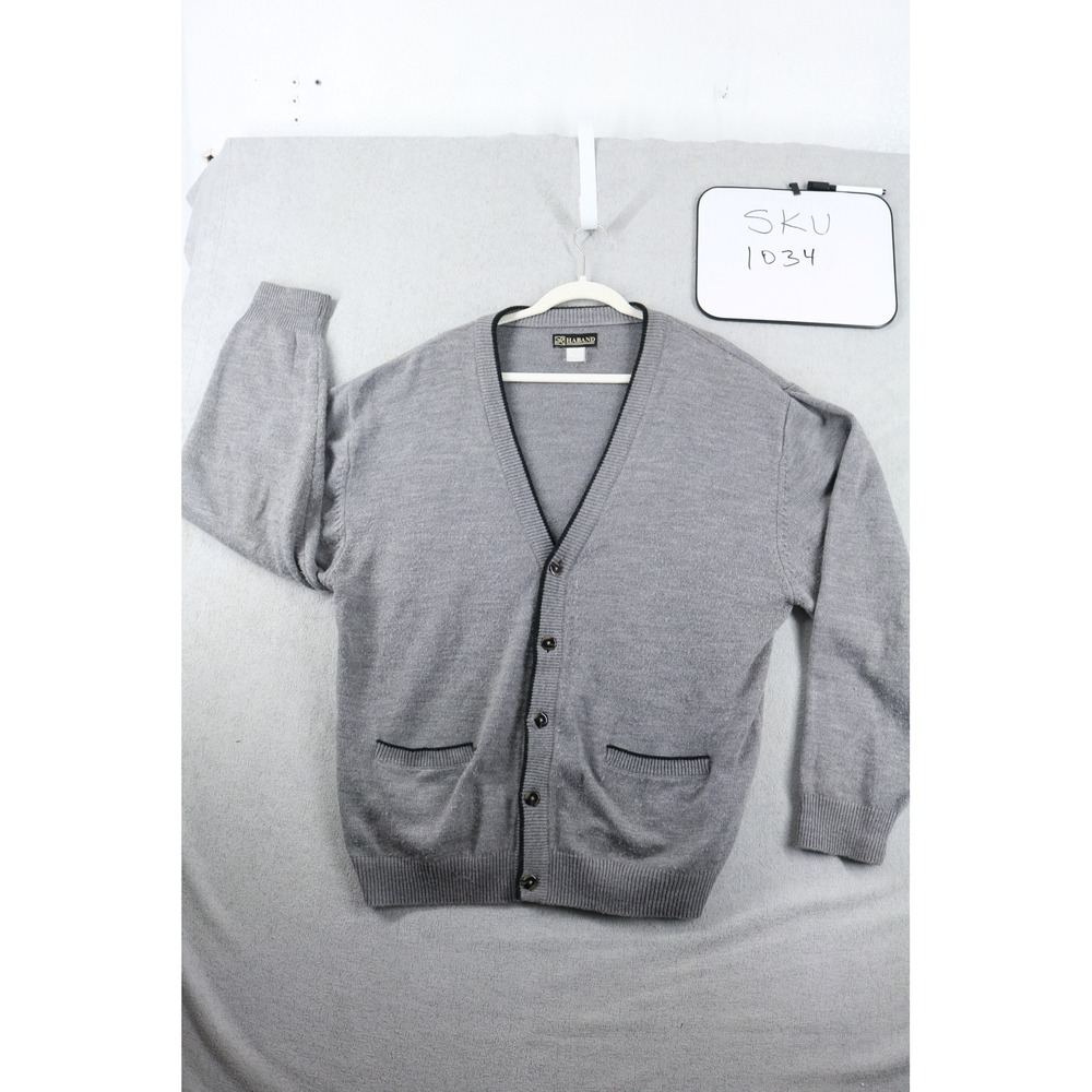 Haband Cardigan Sweater Mens XL Gray Button Front V-Neck Pockets Contrast Trim